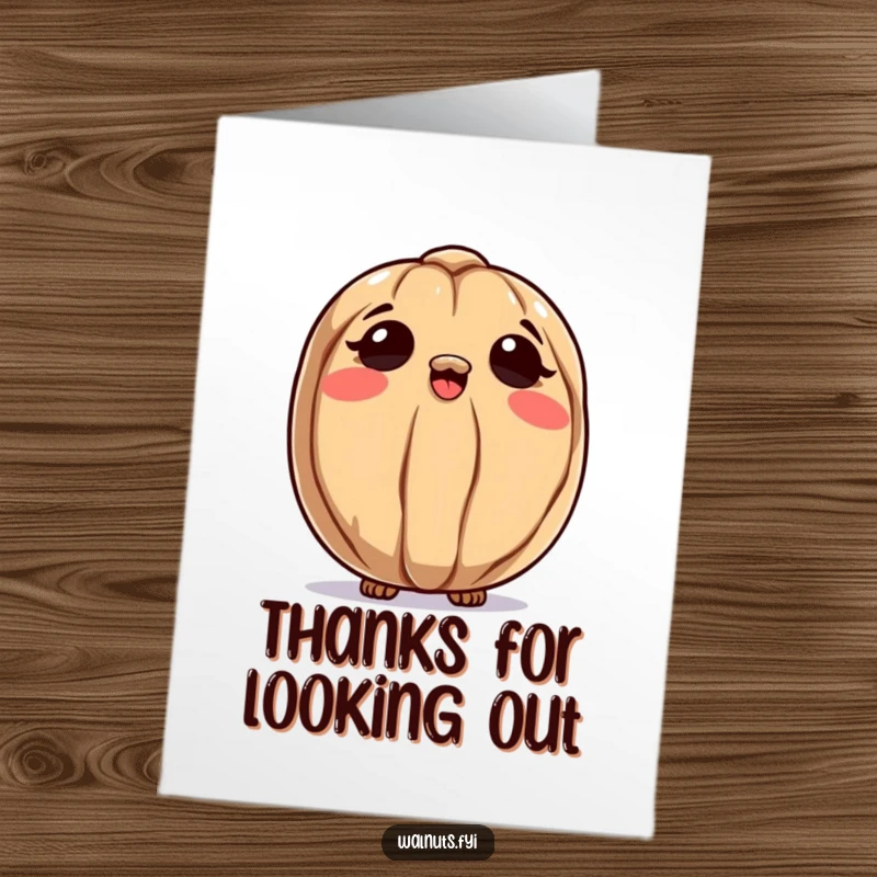 Funny Free Printable Thank You Card: A curious walnut character thoughtfully looks up at the sky, pondering gratitude in a unique DIY greeting.