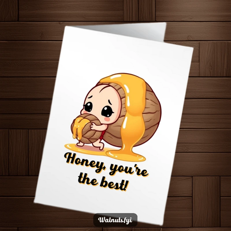 Funny Free Printable thank you card depicting a determined walnut pushing a huge drop of honey, thanking them for their sweet effort.