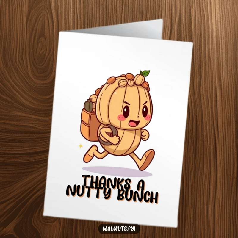 Funny Free Printable Thank You Card with a determined walnut character running, expressing thanks with nutty energy.