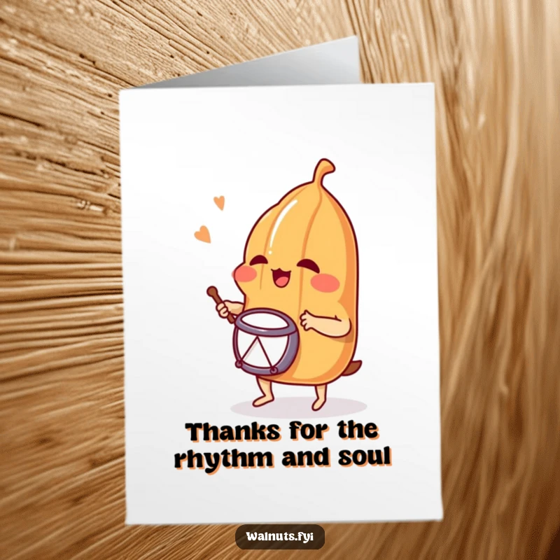 Funny Free Printable Thank You Card: Giggling pecan drumming with joy, a unique way to express gratitude.