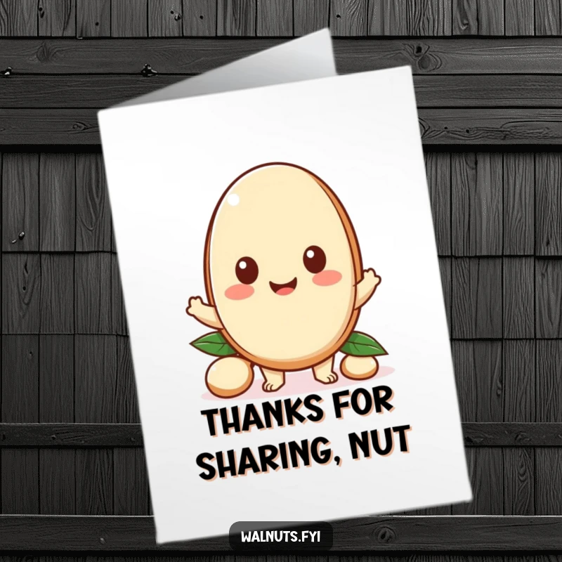 Funny Free Printable Thank You Card: Happy Kawaii macadamia nut character offering a piece to say thank you.