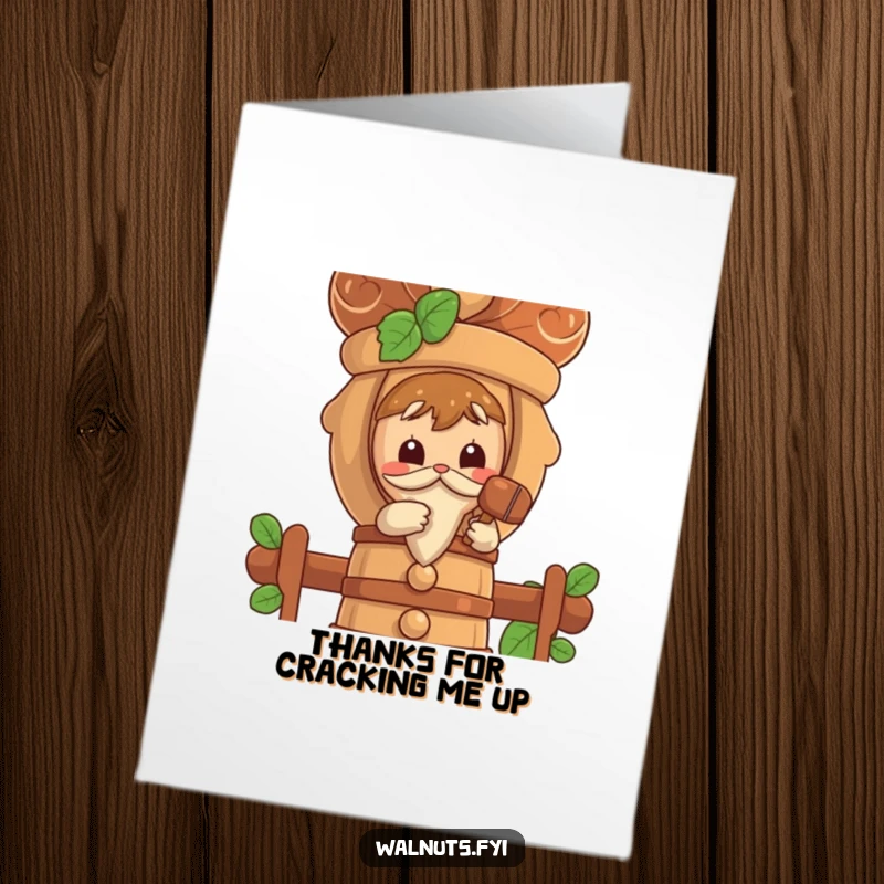 Funny Free Printable Thank You Card: A curious walnut character taps a large nutcracker with a tiny mallet to say thanks.