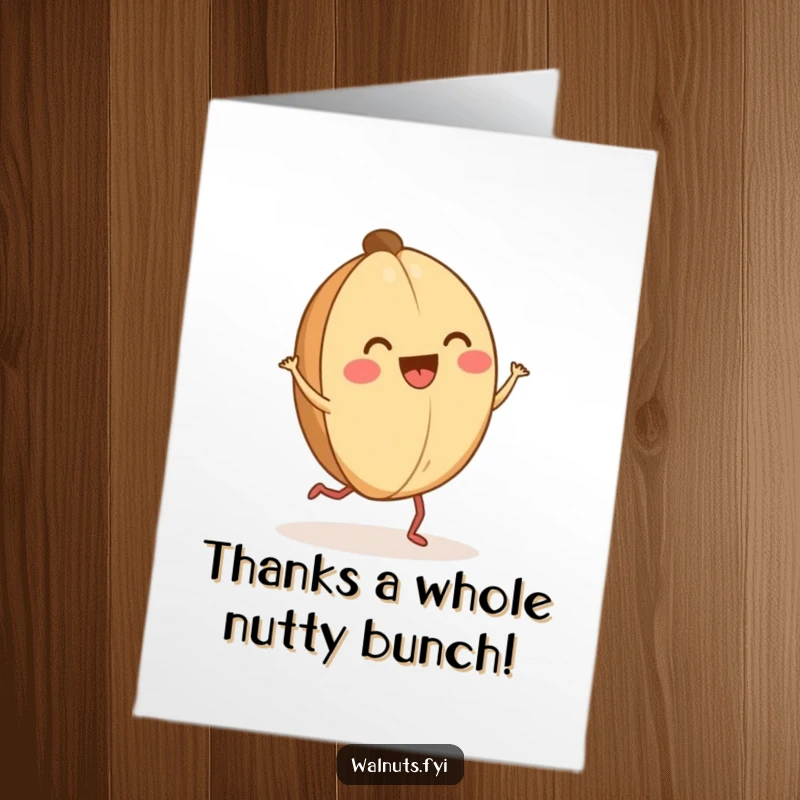 Funny Free Printable Thank You Card: A happy walnut with tiny legs does a joyful jig, showing thanks.