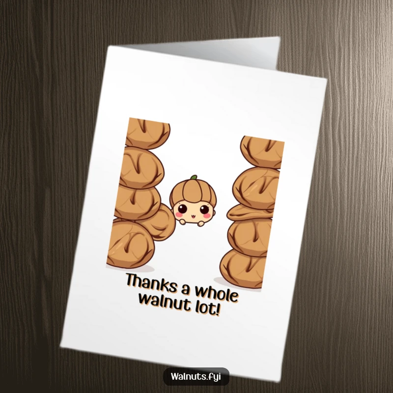 Funny Free Printable Thank You Card: Curious walnut peering from behind other walnuts, offering downloadable thanks.