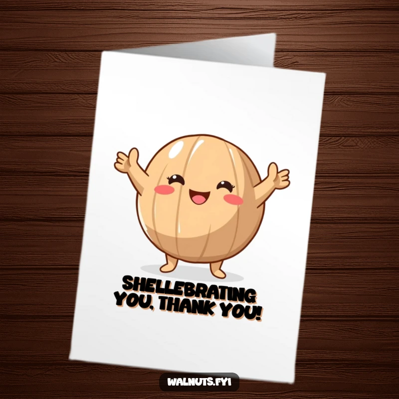Free Printable Walnut Thank You Card: A round walnut character with arms raised in a triumphant gesture, expressing heartfelt thanks.