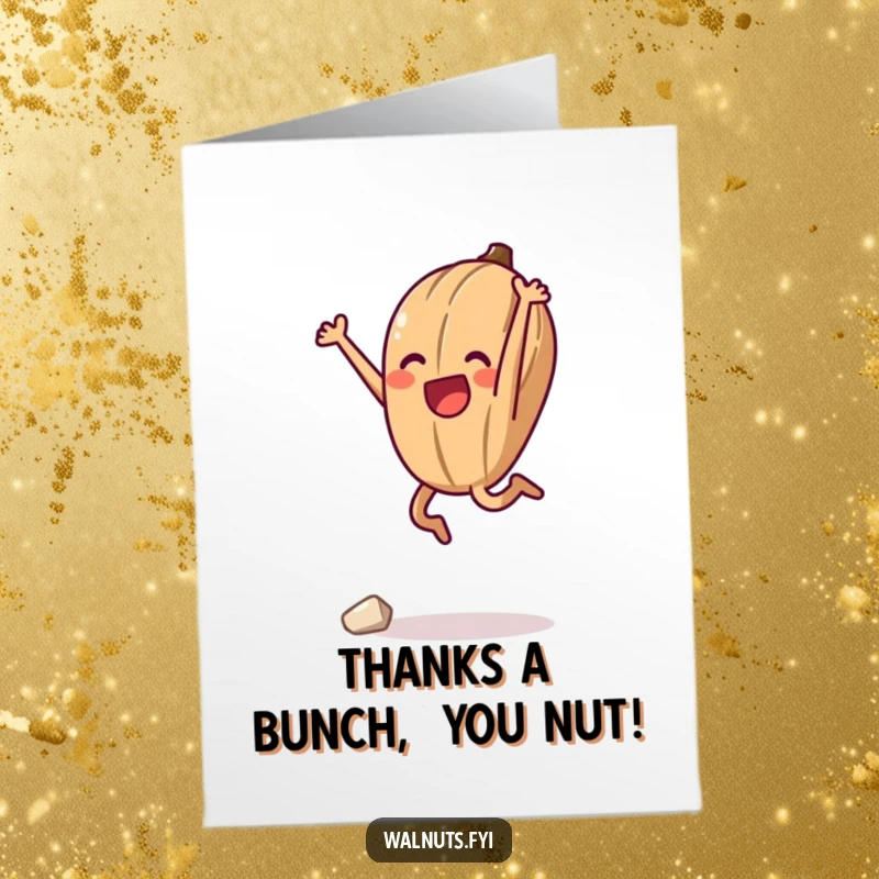 Funny Free Printable Thank You Card: A determined anthropomorphic walnut jumps with joy after a challenging climb.