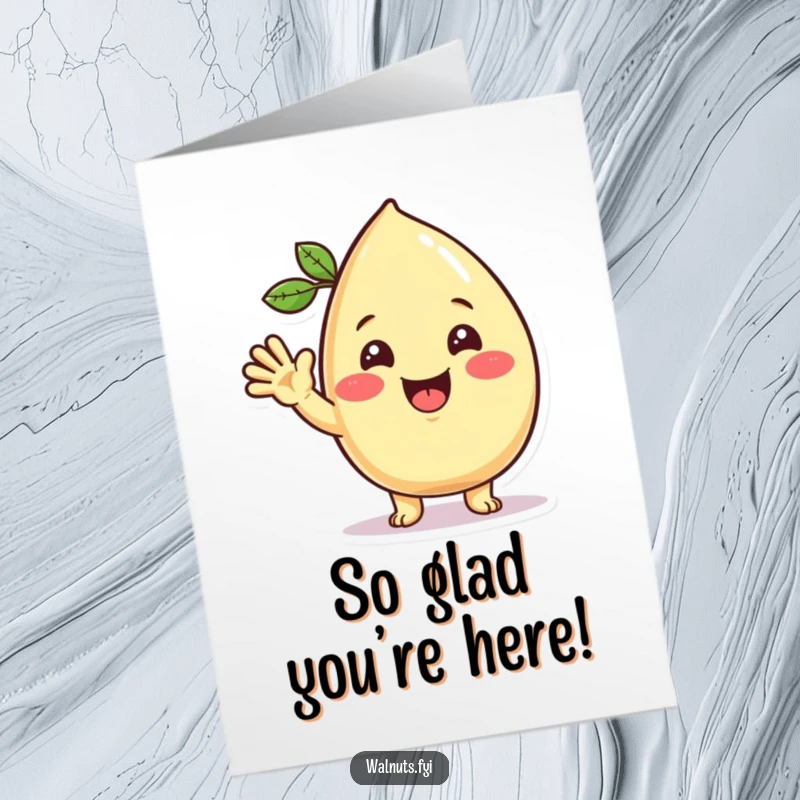 Funny Free Printable Thank You Card: Beaming Kawaii cashew character waving warmly, offering thanks with a humorous touch.