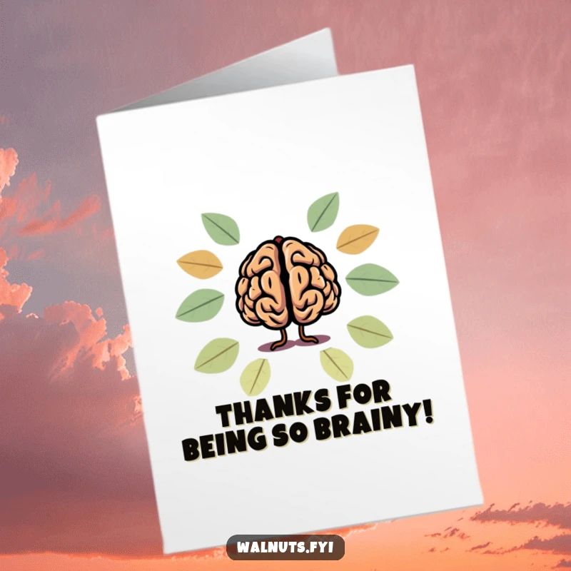 Funny Free Printable Thank You Card: A cartoon brain within a walnut silhouette conveying thanks with a smart, humorous expression.
