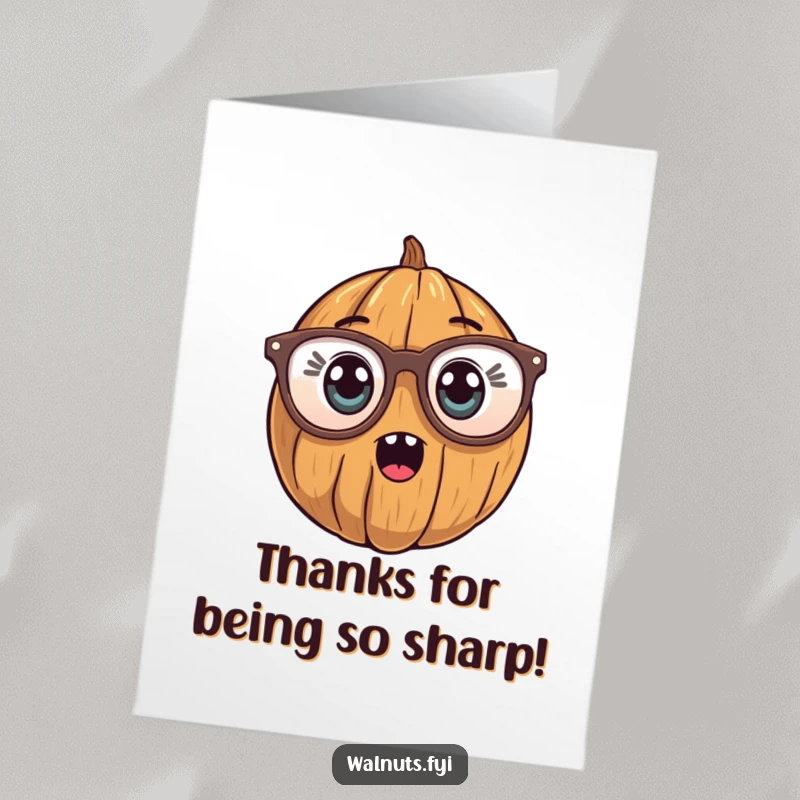 Funny Free Printable Thank You Card featuring a wide-eyed, surprised walnut wearing comically large reading glasses, expressing thanks with utter astonishment.
