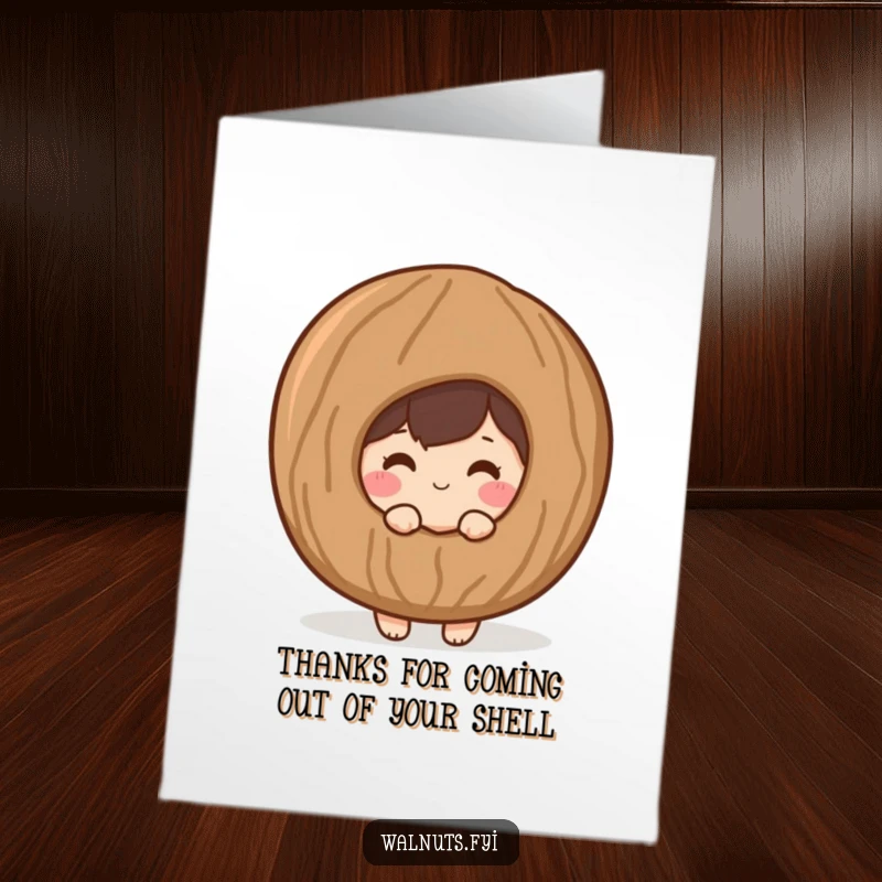 Funny Free Printable Thank You Card: A shy, blushing walnut peeks out from a giant shell, sending thanks.