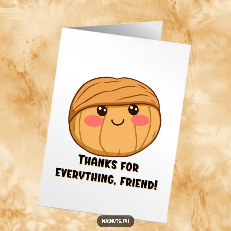 Funny Free Printable Thank You Card featuring a kawaii walnut with adorable rosy cheeks and a small, sweet smile, perfect for expressing gratitude.