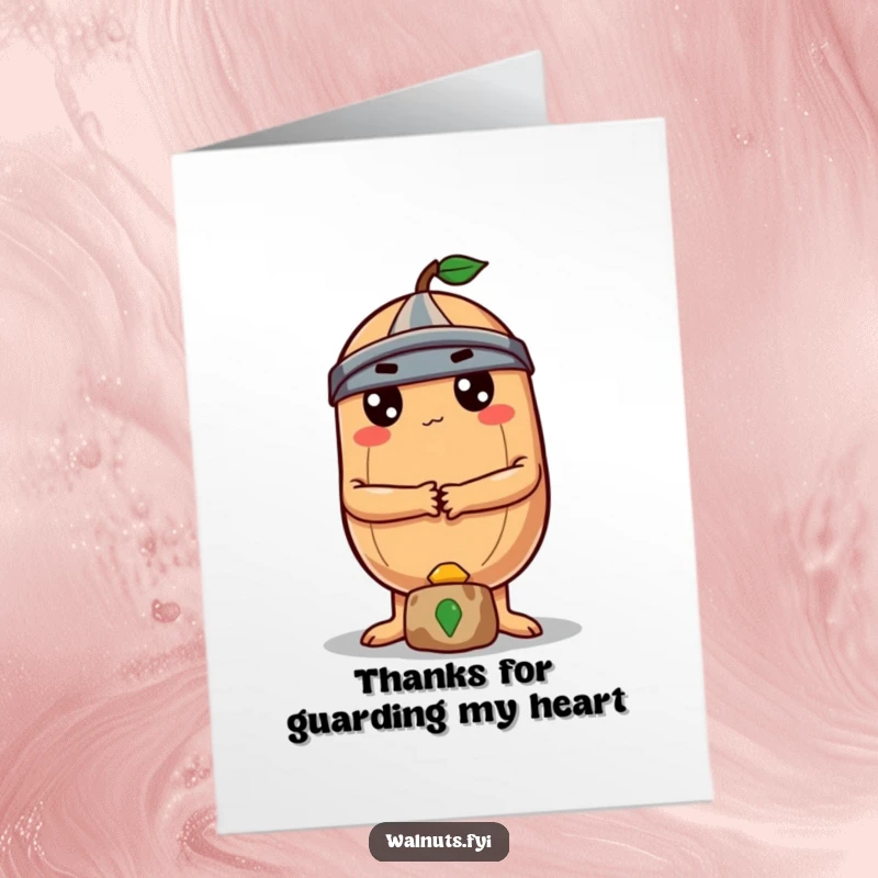 Funny free printable thank you card: A determined round Brazil nut with crossed arms protects a treasure, showing deep thanks.