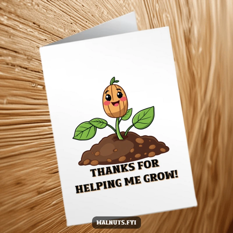 Funny Free Printable Thank You Card: A happy walnut sprout greets you, offering thanks with a charming, humorous woodland vibe.
