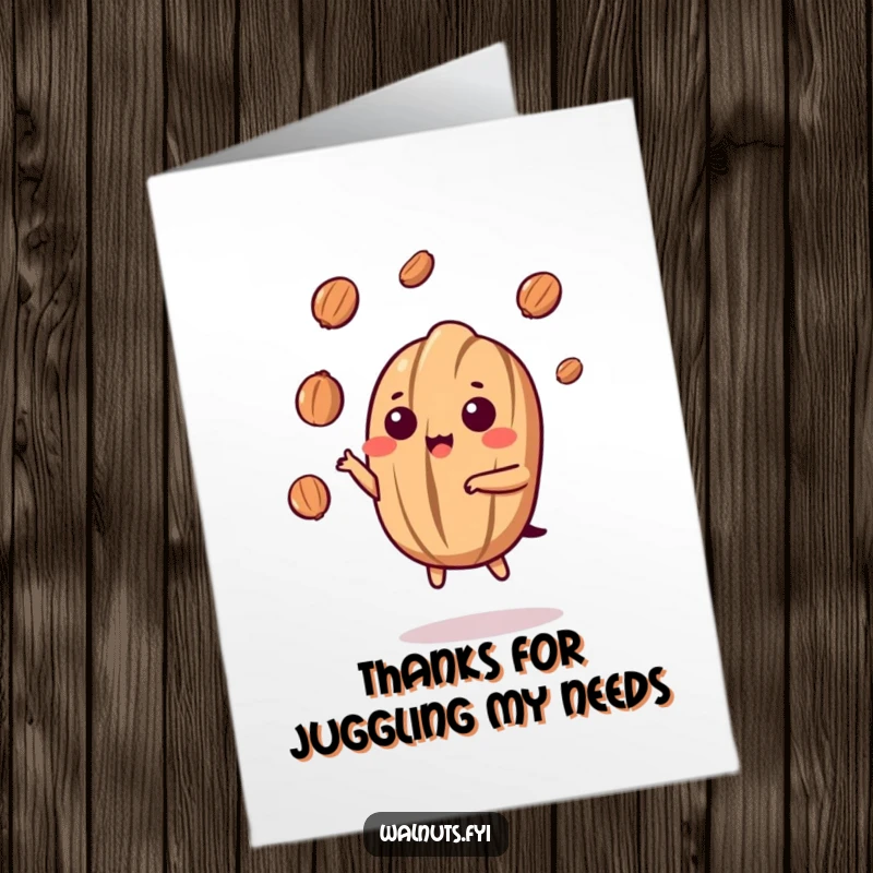 Funny Free Printable Thank You Card: A kawaii walnut juggling nut fragments with remarkable dexterity, a creative thank you.