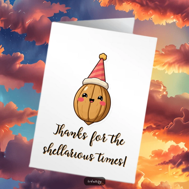 Funny Free Printable Thank You Card showcasing a crowned walnut in a jaunty party hat, expressing sincere thanks with a playful grin.