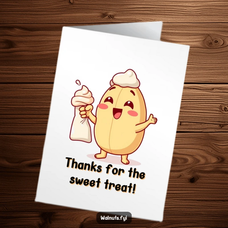 Funny Free Printable Thank You Card: A delighted macadamia nut excitedly pointing at a frosting bag, showing appreciation.