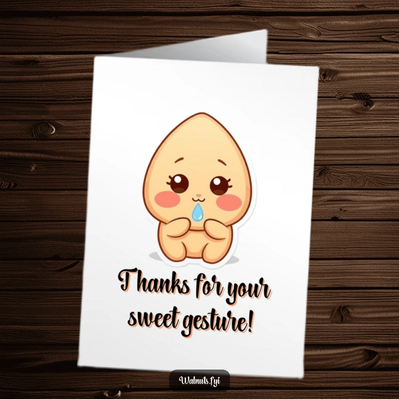Funny Free Printable Almond Thank You Card: Shy light brown almond with rosy cheeks, offering a glistening dewdrop of thanks.