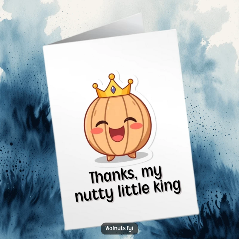Funny Free Printable Thank You Card: A laughing walnut wearing a tiny crown, expressing thanks with royal mirth.