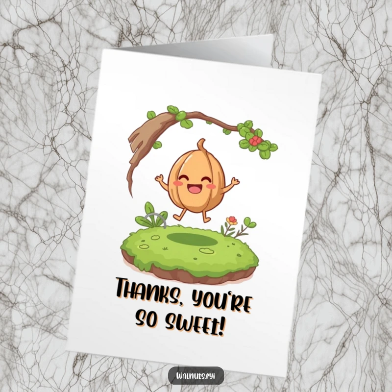 Funny free printable thank you card of a happy walnut giggling and bouncing on moss, conveying thanks with glee.