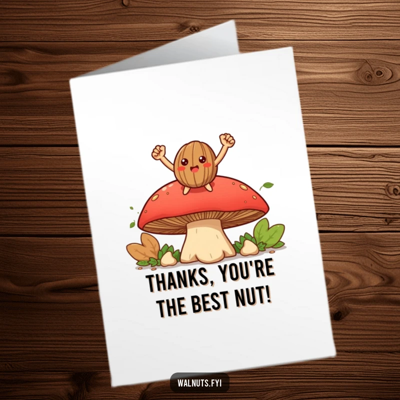 Funny free printable thank you card of a proud walnut standing triumphantly on a mushroom, conveying thanks with joy.