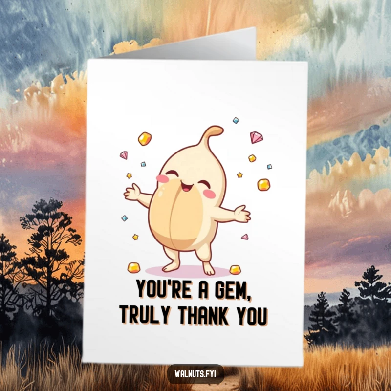 Funny Free Printable Thank You Card: A delighted macadamia nut juggling shiny gemstones, a glittering expression of thanks.