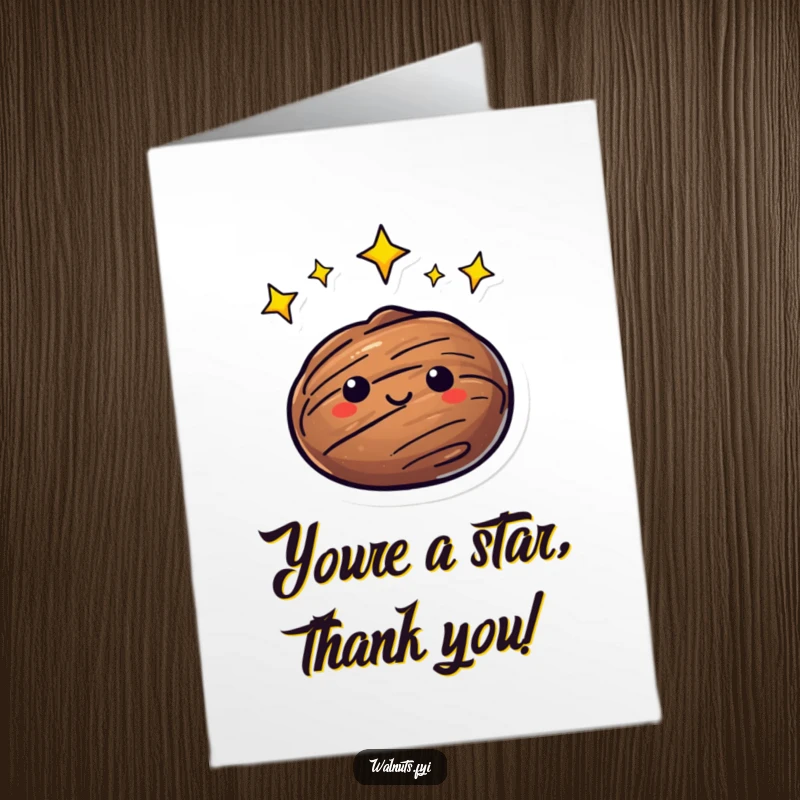 Funny Free Printable Thank You Card depicting a walnut with a halo of bright, twinkling stars, offering thanks with a cosmic flair.