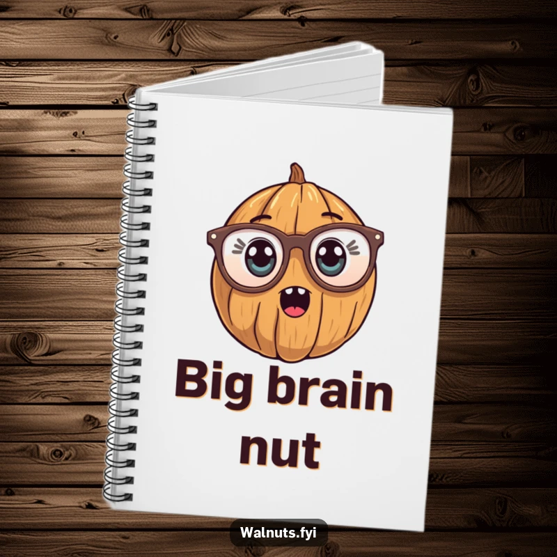 Funny Notebook featuring a walnut character wearing oversized reading glasses, with a surprised expression, perfect for notes.