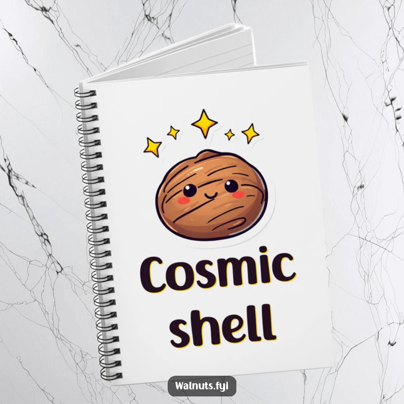 Funny Notebook featuring a walnut with bright, twinkling stars swirling around, ideal for capturing thoughts and creative ideas.