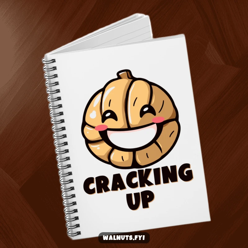 Funny notebook with a stylized walnut cracking into a smile, ideal for jotting down happy thoughts, a great funny gift.