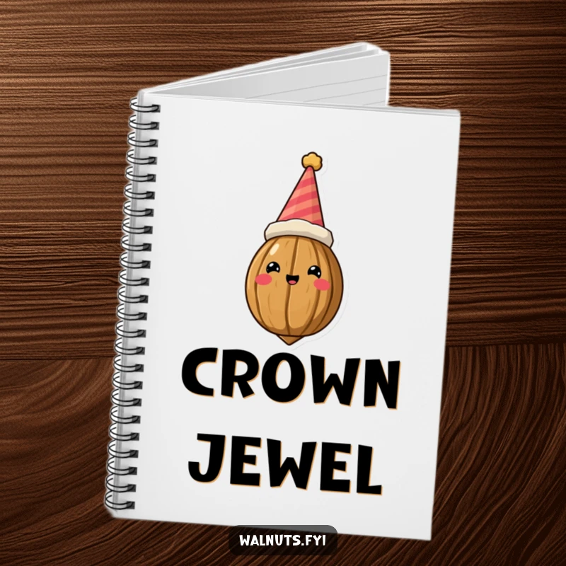 Funny Notebook featuring a crowned walnut in a party hat, inspiring creative writing and doodling with a regal, humorous touch.