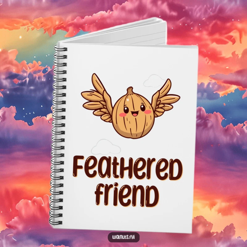 Funny notebook featuring a walnut with wings gracefully flapping, designed for capturing creative ideas.