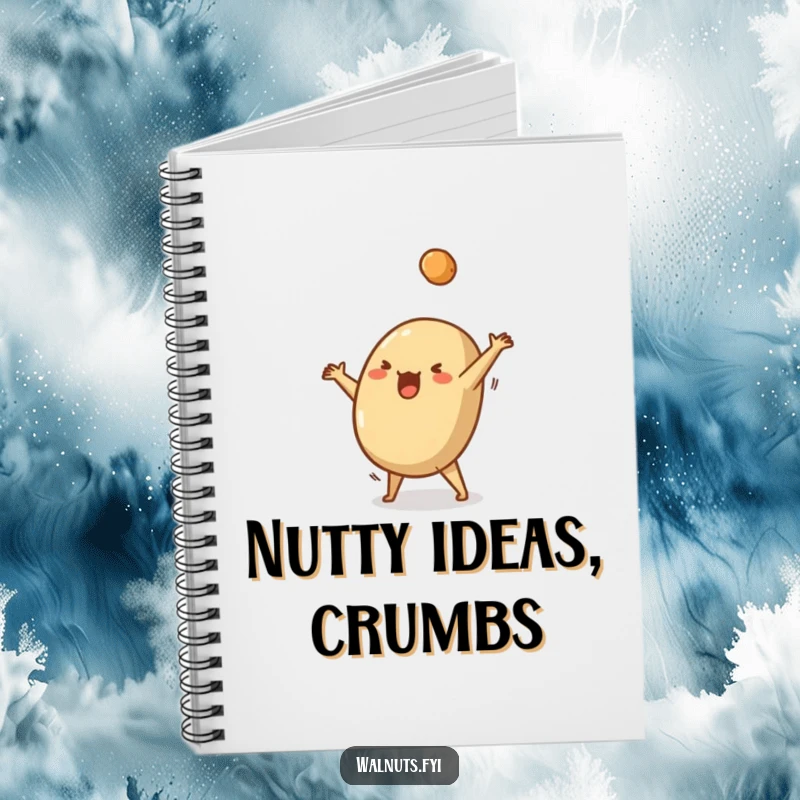 Funny notebook showing a silly Brazil nut performing a cartwheel, a crumb flying off, ready for your notes.