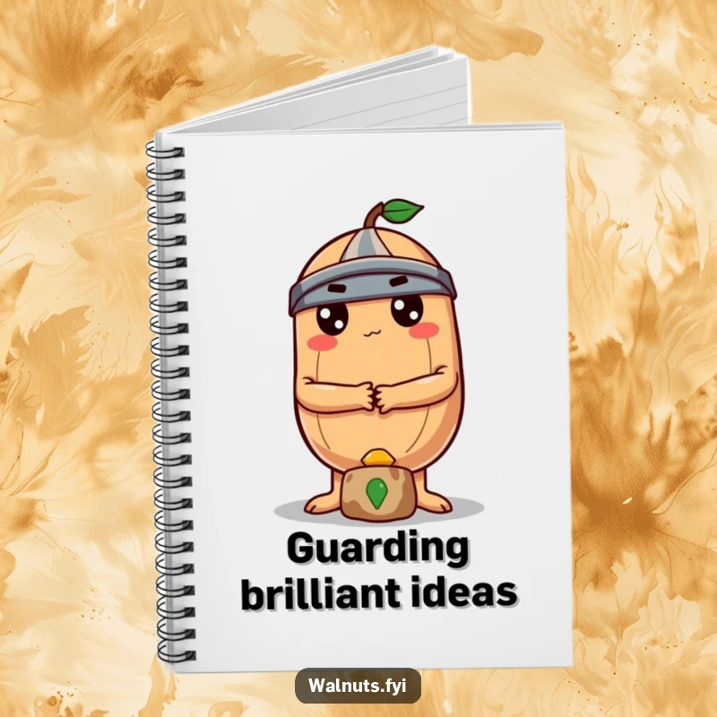 A determined round Brazil nut with crossed arms guards a small treasure in this funny notebook.