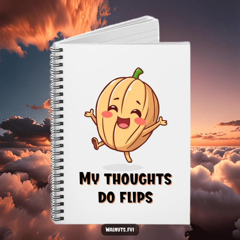 Funny notebook with a cheerful walnut character doing a happy flip, ideal for jotting down joyful ideas.
