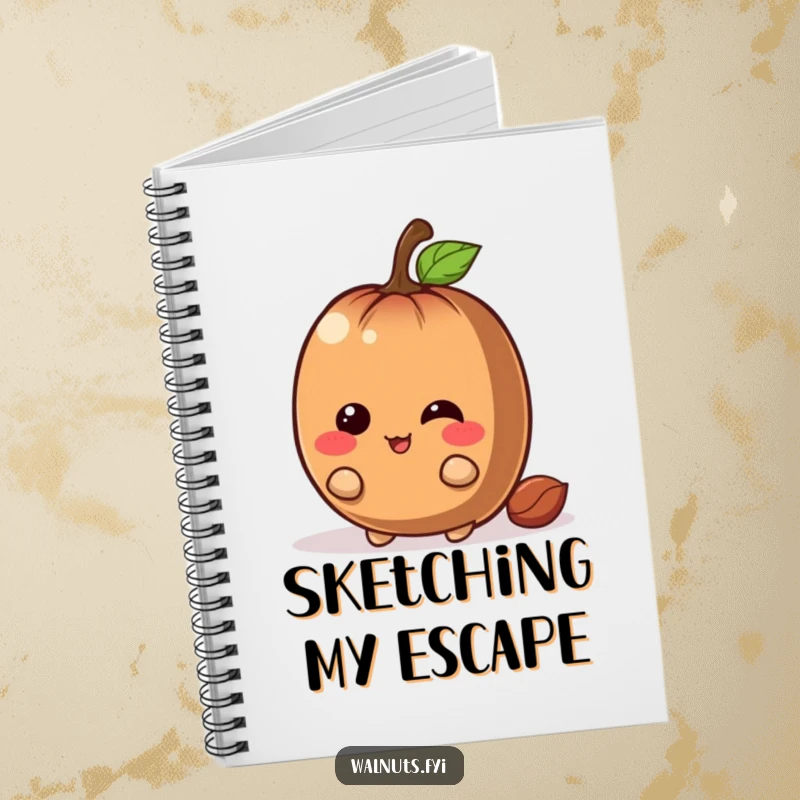 Funny chestnut notebook with a brown character giggling mischievously while hiding behind a big nut, for writing humorous secrets.