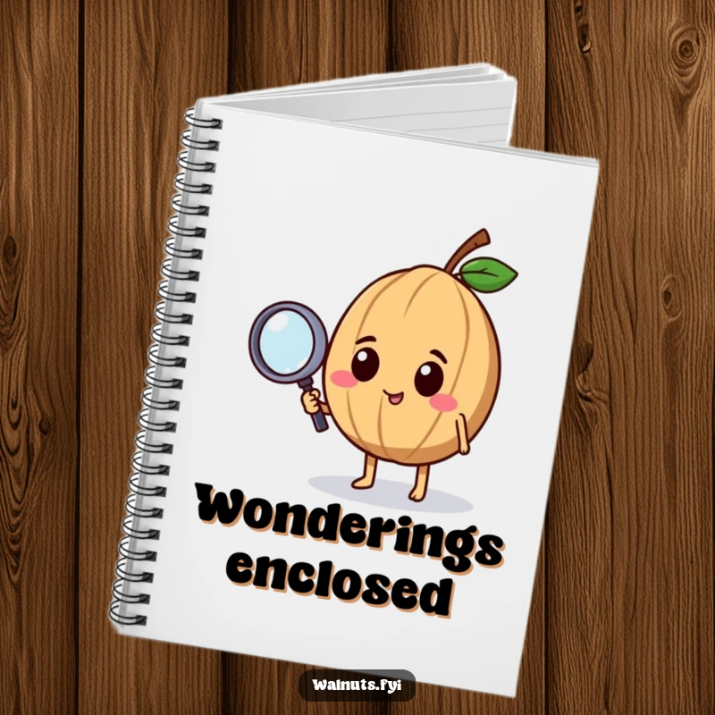 Funny notebook featuring a curious walnut character holding a magnifying glass, great for documenting findings and ideas.