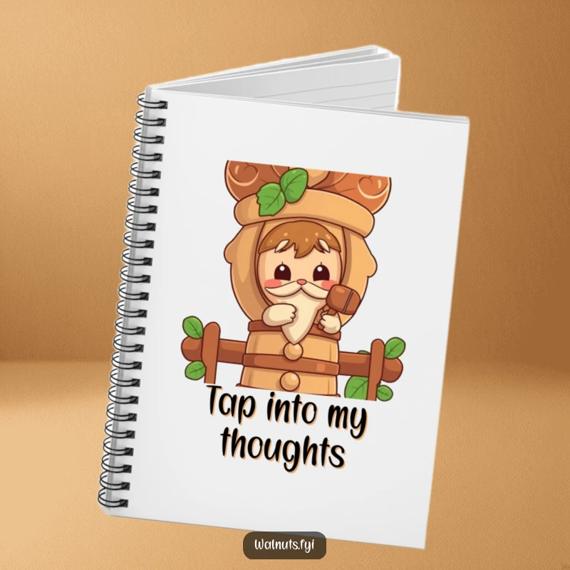 Funny notebook cover showing a curious walnut character tapping a large nutcracker with a tiny mallet.