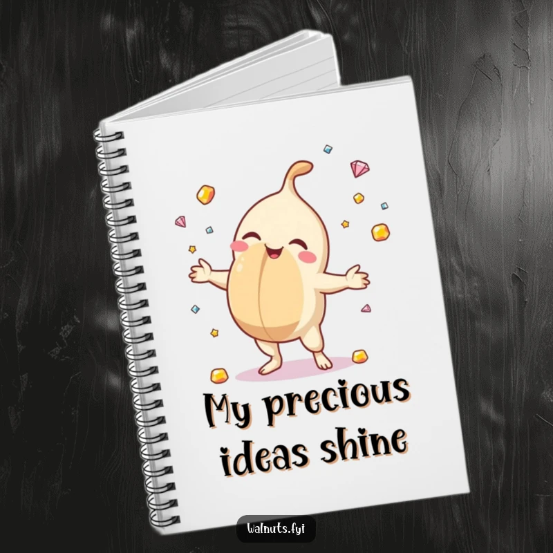 Funny notebook featuring a macadamia nut juggling gemstones, designed for capturing bright ideas with a touch of sparkle and humor.