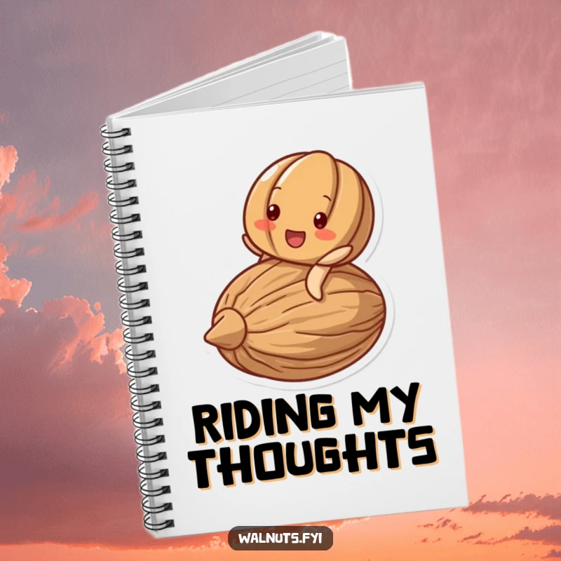 Funny notebook cover with a delighted walnut character beaming while riding on a larger, stylized nut.