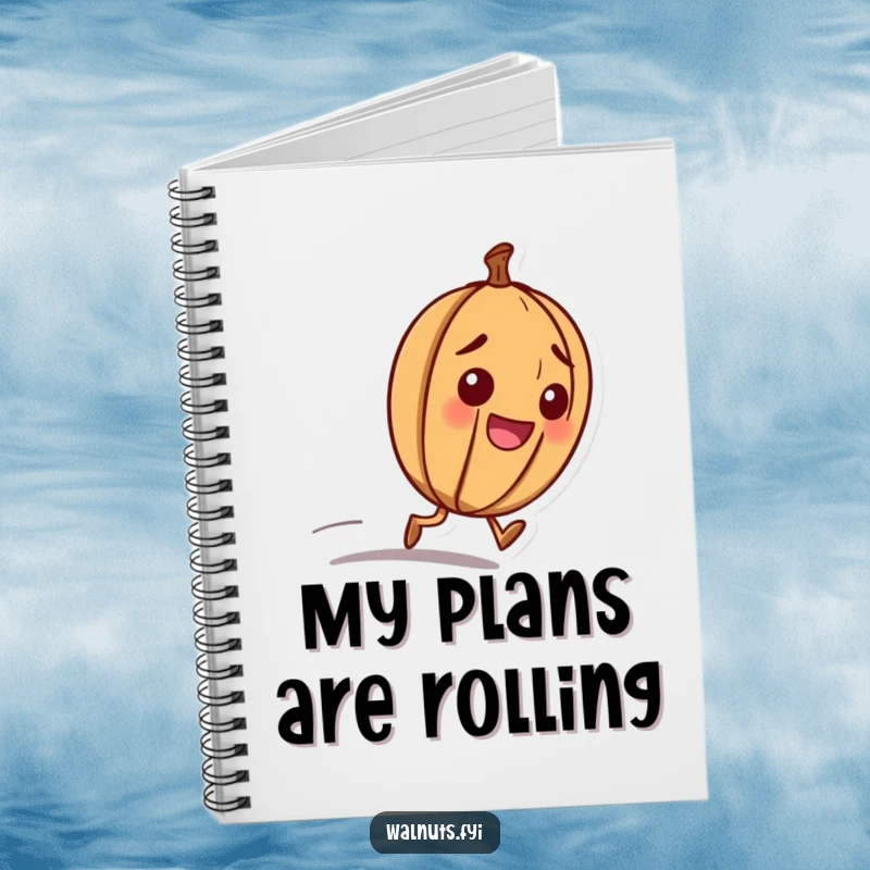 Funny notebook with a happy walnut character with a determined look, rolling downhill with purposeful energy.