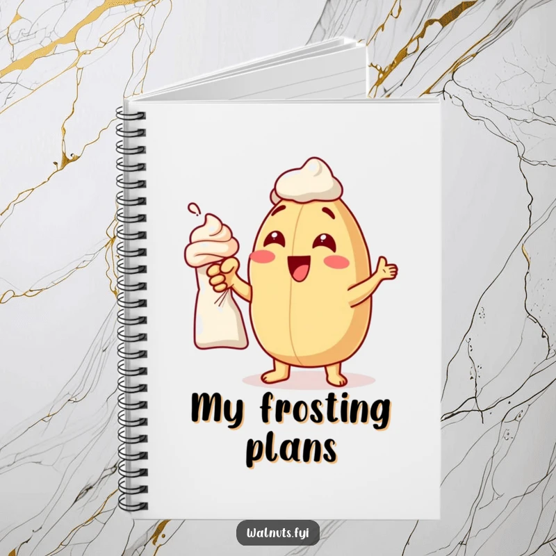 Funny notebook with a delighted macadamia nut pointing at a frosting bag, great for baking notes.