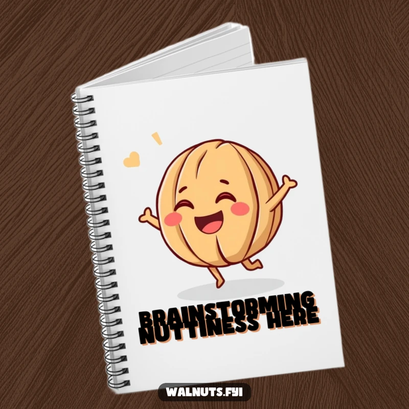 Funny notebook cover displaying a giggling walnut character bouncing energetically, its cheerful grin encouraging creative thought.