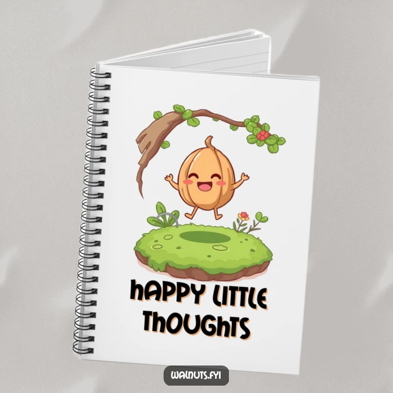 Funny giggling walnut character happily bouncing on a mossy patch on the cover of this humorous notebook.