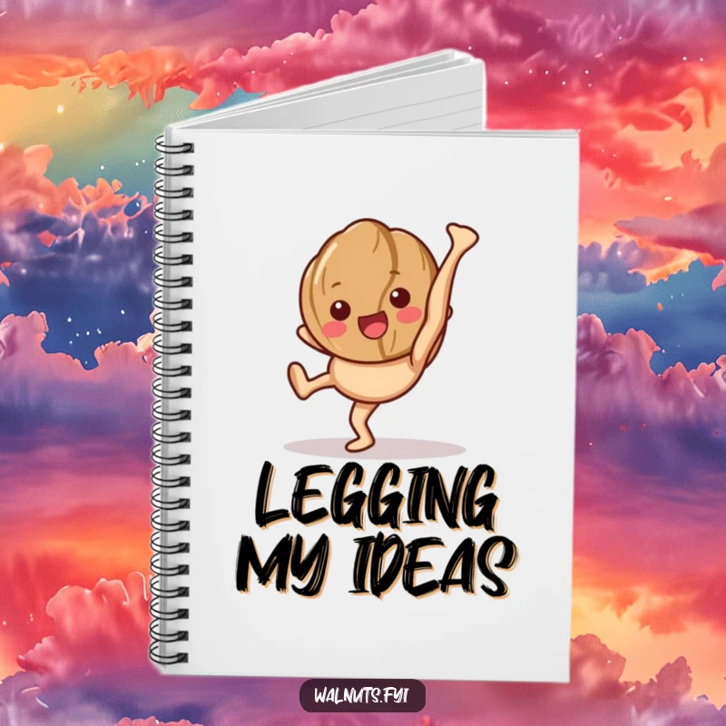 Funny notebook cover with a happy walnut character performing a cartwheel, showing its legs.