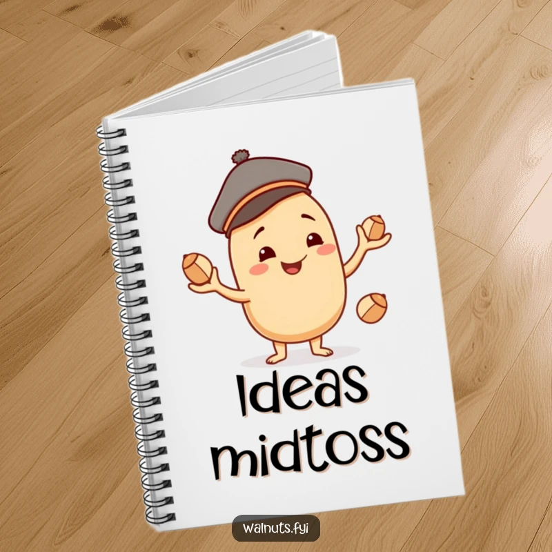 Funny beige cashew character with a jaunty cap, smiling and juggling nuts, perfect for jotting down clever ideas.