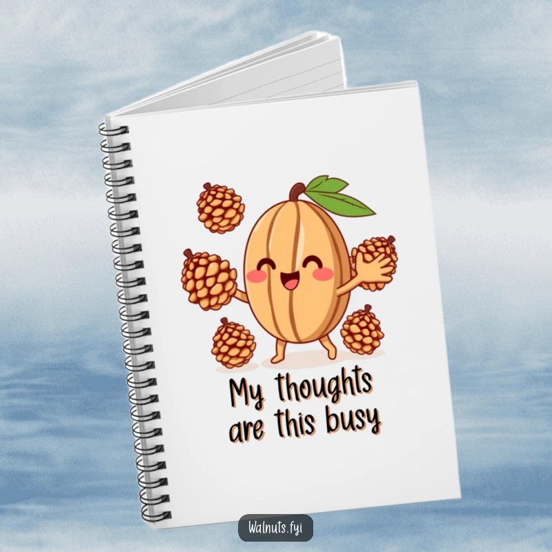 Funny Juggling Walnut Notebook, a playful walnut juggling pinecones on the cover, great for journaling and creative notes.