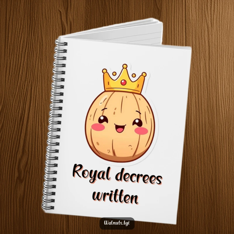 Funny Kawaii walnut notebook with a smiling walnut character wearing a tiny crown, for writing and ideas.
