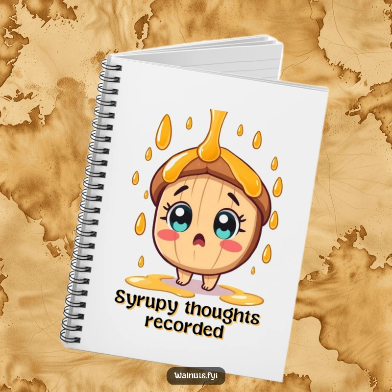 A surprised tan pecan character with wide eyes is showered by sweet syrup in this funny notebook.