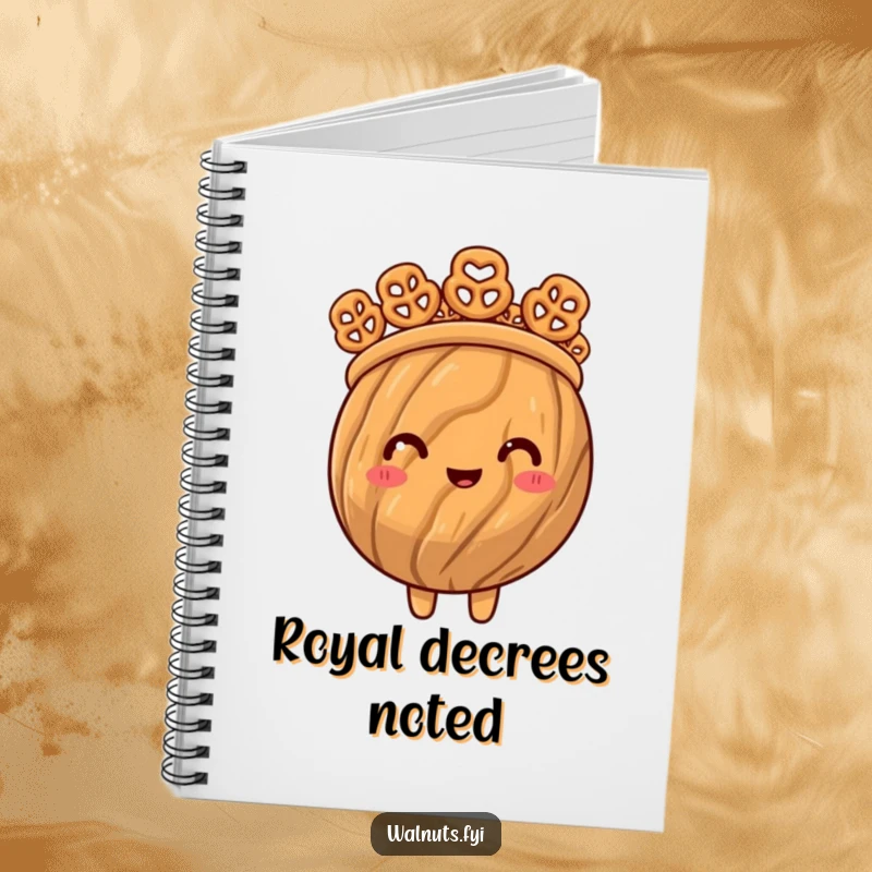 Funny notebook cover art of a proud walnut wearing a crown made of miniature pretzel bites, looking quite regal.