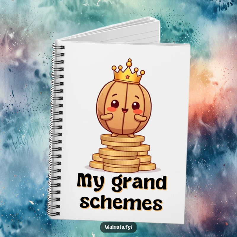 Funny brown walnut character with a crown, holding a notebook and posing proudly on coins, ready to record plans.